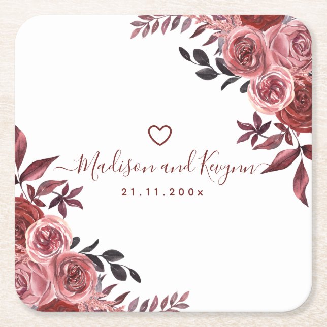 Burgundy Floral  Wedding  Square Paper Coaster (Front)