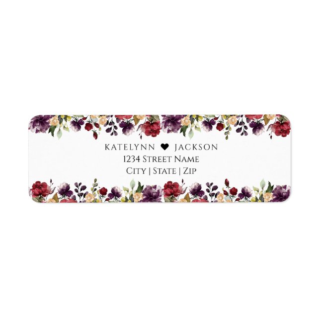 Burgundy Floral Wedding Stationery Return Address Label (Front)