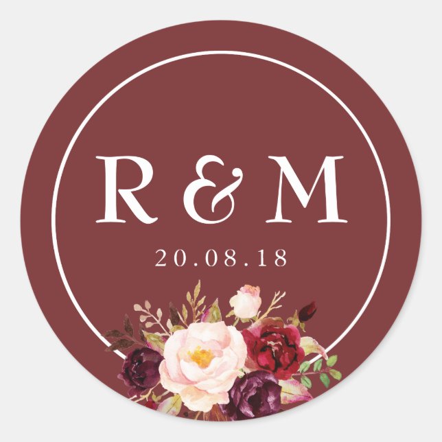 Burgundy floral wedding sticker (Front)