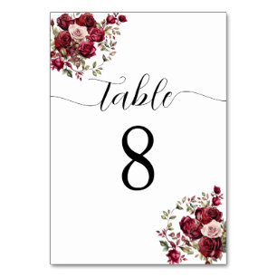 Burgundy Floral Wedding Table Number