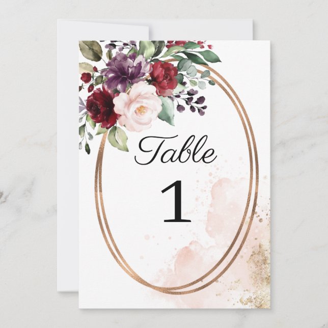 Burgundy Floral Wedding Table Number (Front)