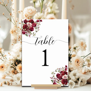 Burgundy Floral Wedding Table Number