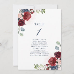 Burgundy Floral Wedding Table Number 1