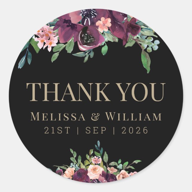 Burgundy Floral Wedding Thank You Black Classic Round Sticker (Front)