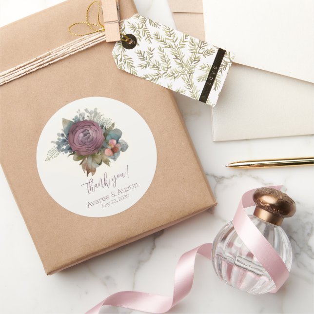 Burgundy Floral Wedding Thank You  Classic Round Sticker (Gifting)