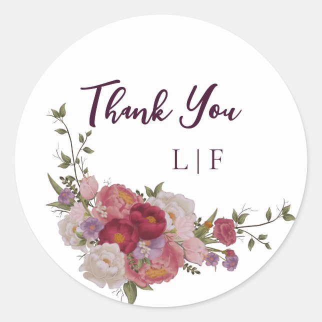 Burgundy Floral Wedding Thank You Classic Round Sticker (Front)