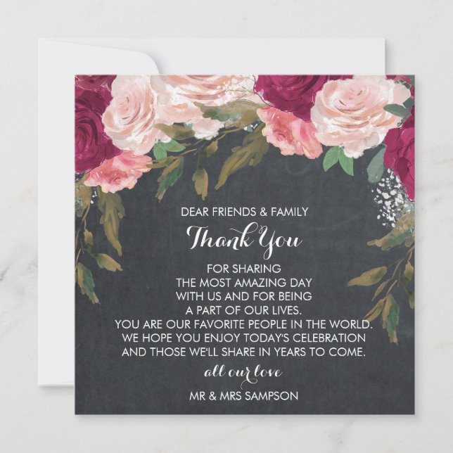 burgundy floral wedding thank you reception card (Front)