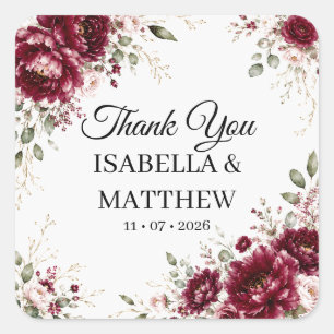Burgundy Floral Wedding Thank You Square Sticker