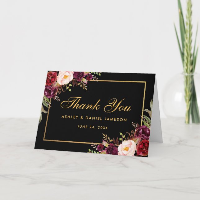 Burgundy Floral Wedding Thanks Black Fold Card (Front)