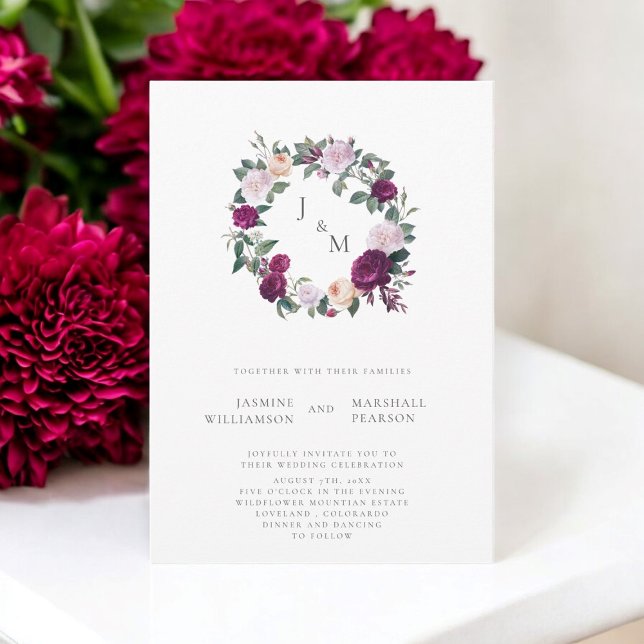 Burgundy floral wedding theme elegant monogram  invitation (beautiful modern burgunday wedding invitation )