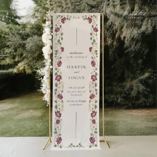 Burgundy Floral Wedding Welcome Banner 2.5' x 8'
