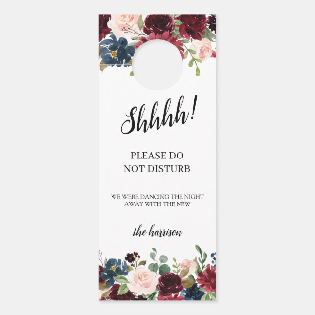 Burgundy Floral Wedding Welcome Do Not Disturb Door Hanger (Front)