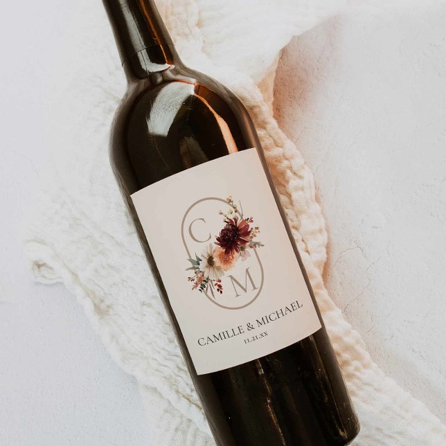 Burgundy Floral Wedding Wine Label (Fall Burgundy Floral Wedding Monogram)