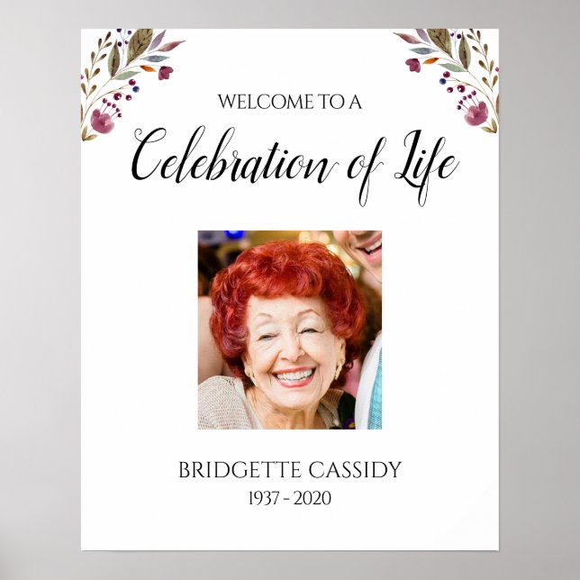Burgundy Floral Welcome Celebration Of Life Photo Poster (Front)