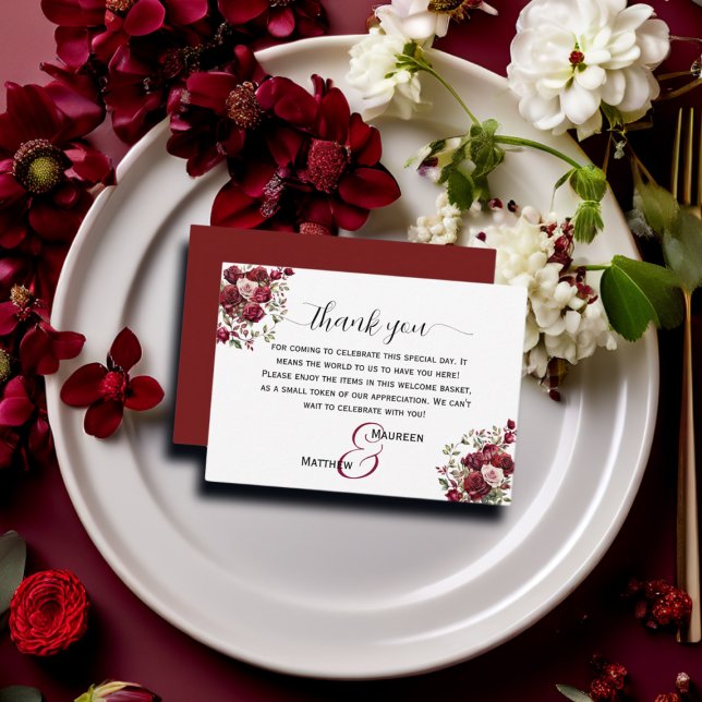 Burgundy Floral Welcome Gift Bag Basket Place Card (Creator Uploaded)
