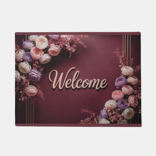 Burgundy Floral Welcome Mat (Front)
