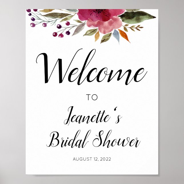 Burgundy Floral Welcome To Bridal Shower Poster (Front)