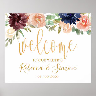Burgundy Floral Welcome Wedding Sign