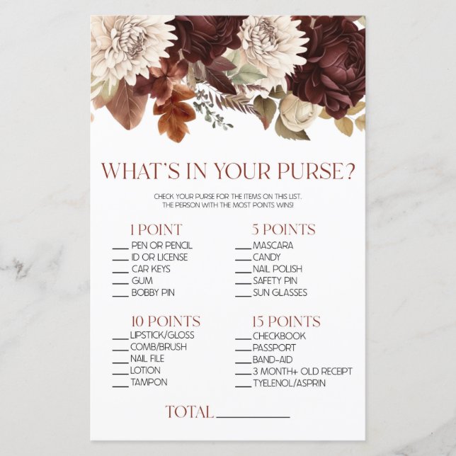 Burgundy Floral What's In Purse Baby Shower Game (Front)