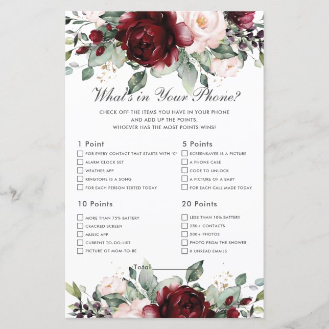 Burgundy Floral What's In Your Phone Game Shower (Front)