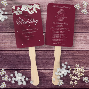Burgundy Floral White Blossom Wedding Program Hand Fan