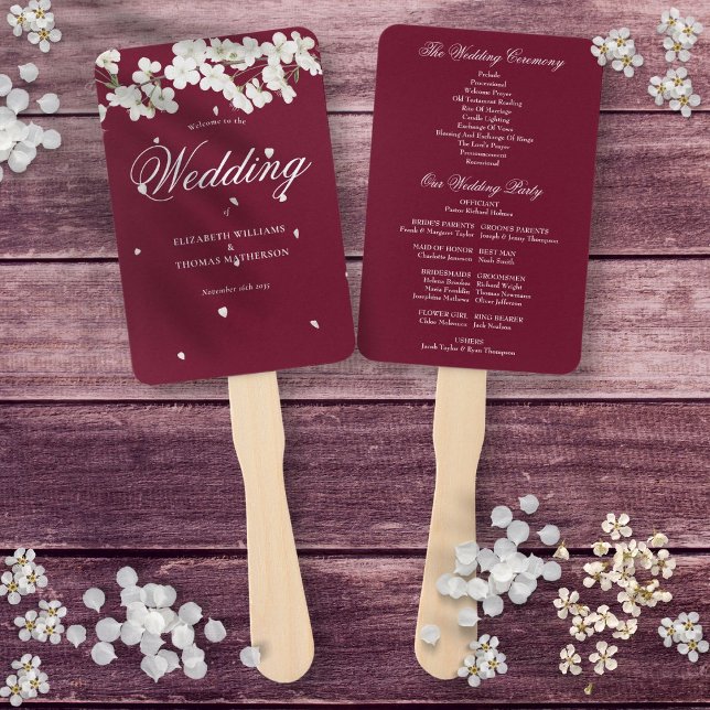 Burgundy Floral White Blossom Wedding Program Hand Fan (Burgundy Floral White Blossom Wedding Program Hand Fan)