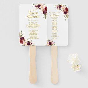 Burgundy Floral White Gold Script Wedding Program Hand Fan