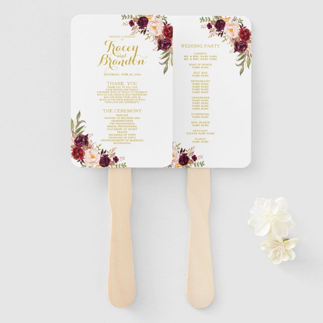 Burgundy Floral White Gold Script Wedding Program Hand Fan (Front and Back)