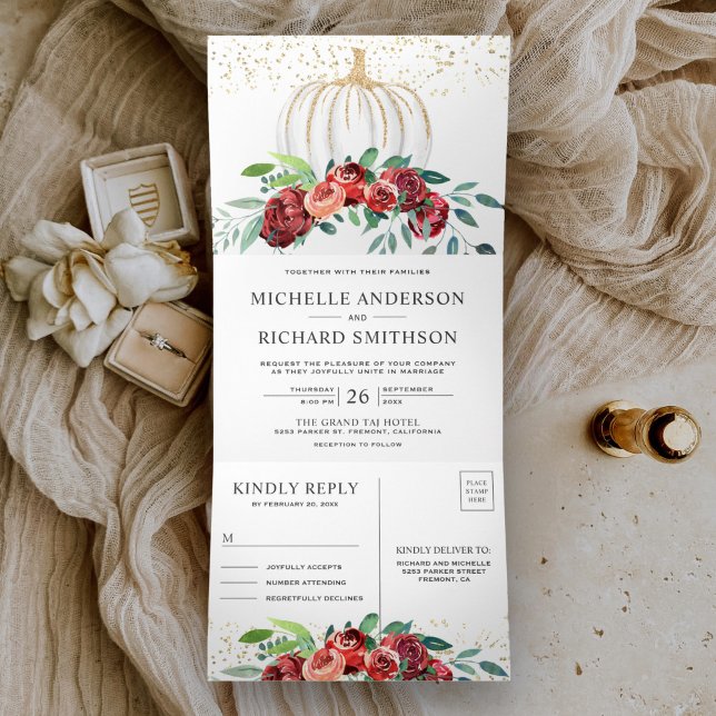 Burgundy Floral White Pumpkin Autumn Fall Wedding Tri-Fold Invitation (Creator Uploaded)