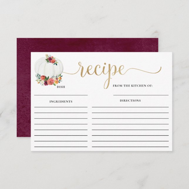 Burgundy floral white pumpkin bridal shower recipe enclosure card (Front/Back)
