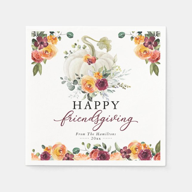 Burgundy Floral White Pumpkin Friendsgiving Napkin (Front)
