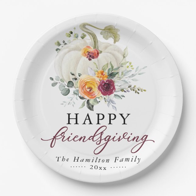 Burgundy Floral White Pumpkin Friendsgiving Paper Plate (Front)