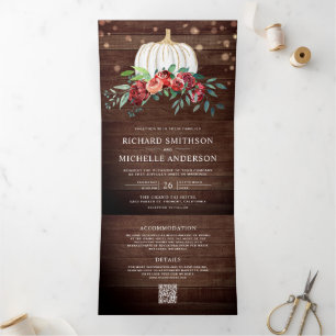 Burgundy Floral White Pumpkin QR Code Wood Wedding Tri-Fold Invitation