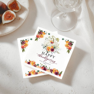 Burgundy Floral White Pumpkin Thanksgiving Napkin