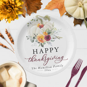 Burgundy Floral White Pumpkin Thanksgiving Paper Plate