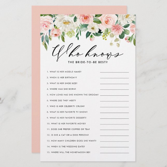 Burgundy Floral Who Knows Bride the Best Game (Front/Back)