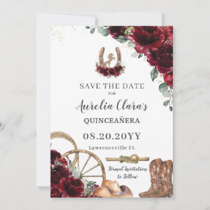 Burgundy Floral Wild West Charro Quinceañera  Save The Date