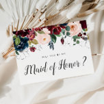 burgundy floral will you be my Maid of Honor card<br><div class="desc">A lovely design with elegant burgundy navy and blush pink flowers. The text and colors can be personalized.</div>