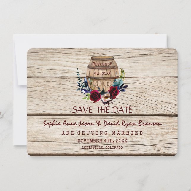 Burgundy Floral Wine Barrel Fall Save The Date (Front)
