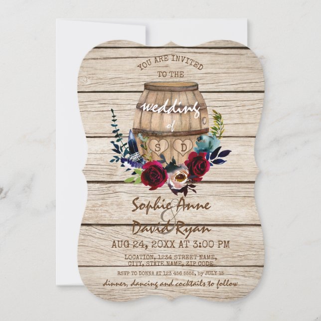 Burgundy Floral Wine Barrel Fall Wedding Invitation (Front)