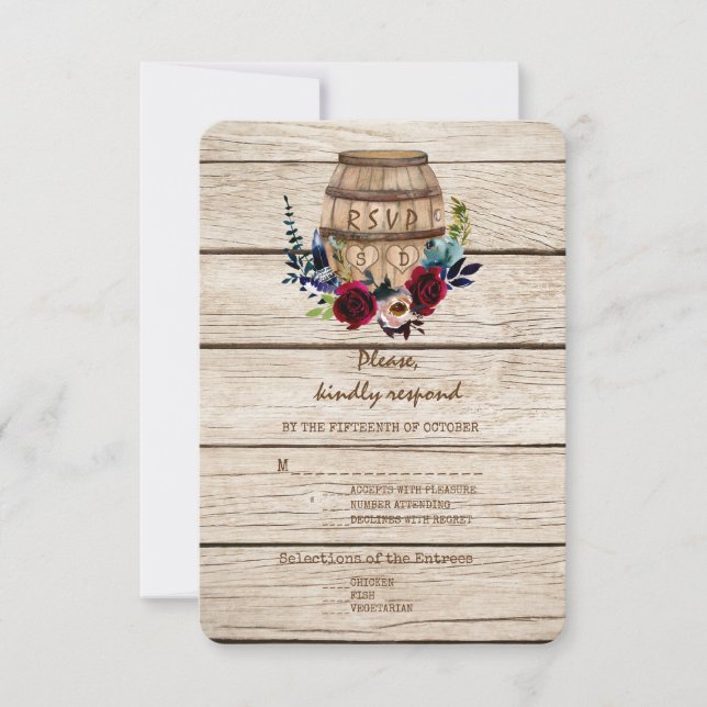 Burgundy Floral Wine Barrel Fall Wedding RSVP Card (Front)