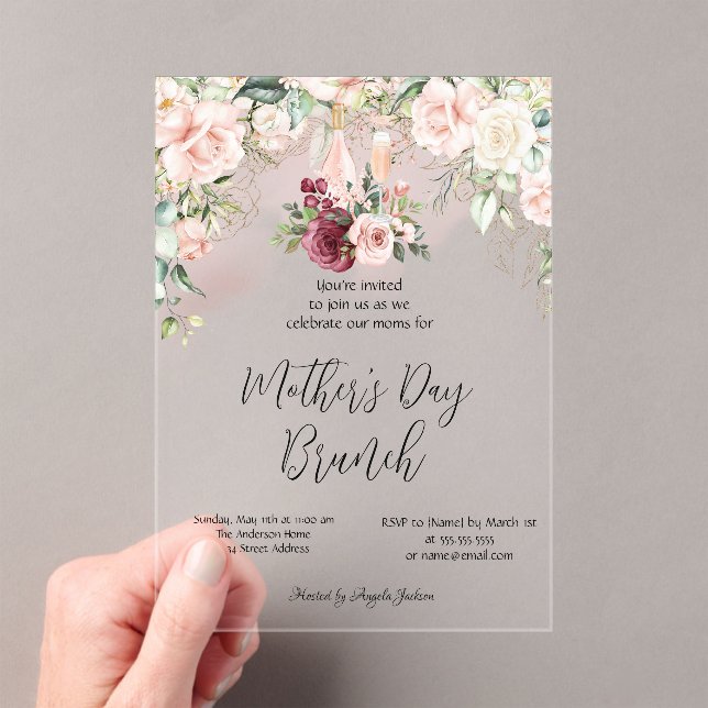 Burgundy Floral Wine Mother's Day Brunch Invitatio Acrylic Invitations (Insitu (Handheld))