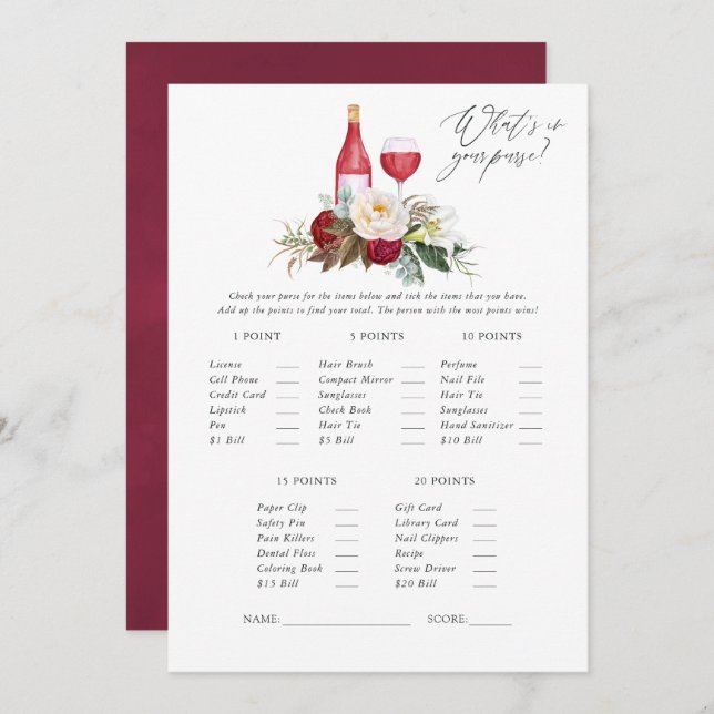 Burgundy Floral Wine Tasting Bridal Shower Game Invitation (Front/Back)