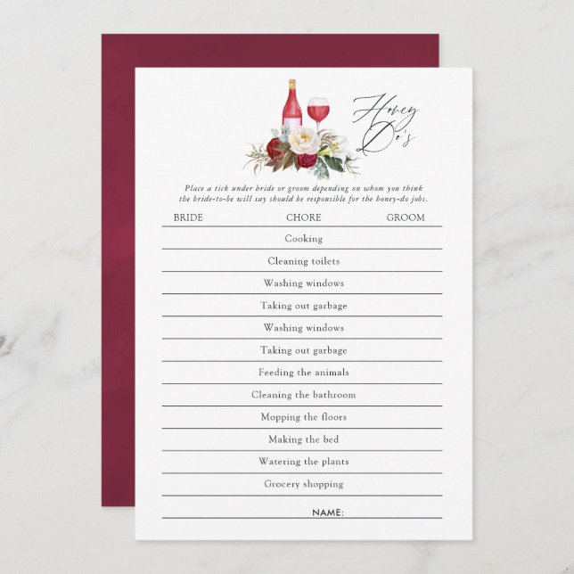 Burgundy Floral Wine Tasting Bridal Shower Game Invitation (Front/Back)