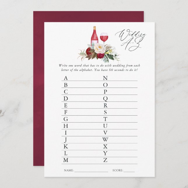 Burgundy Floral Wine Tasting Bridal Shower Game Invitation (Front/Back)