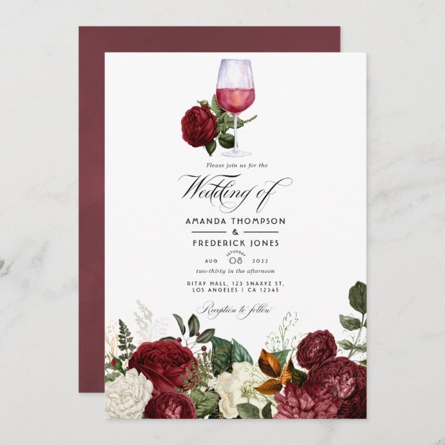 Burgundy Floral Wine Tasting Wedding Photo Invitation (Front/Back)