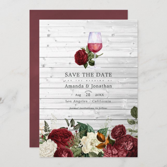 Burgundy Floral Wine Tasting Wedding Photo Save The Date (Front/Back)