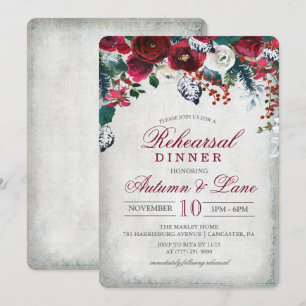 Burgundy Floral Winter Rehearsal Dinner Invitation