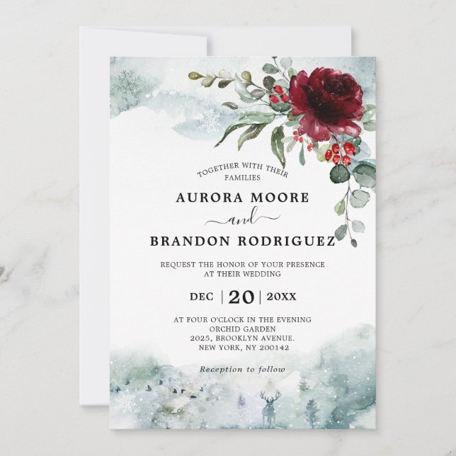 Burgundy floral winter snow wedding invitation (Front)