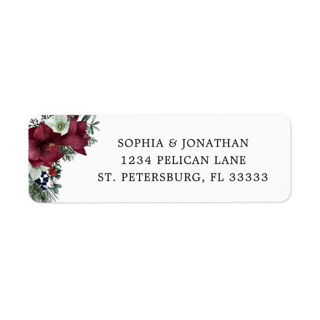 Burgundy Floral Winter Wedding Return Address Label (Front)